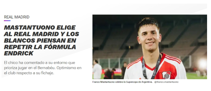 River Plate youngster Mastantono wants to join Real Madrid as friendly talks between the giants are imminent