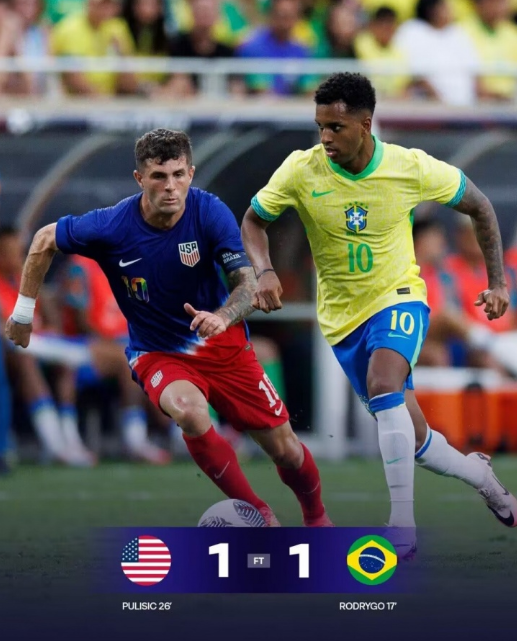 Rodrigo and Pulisic each score in Brazil-USA friendly 1-1 draw